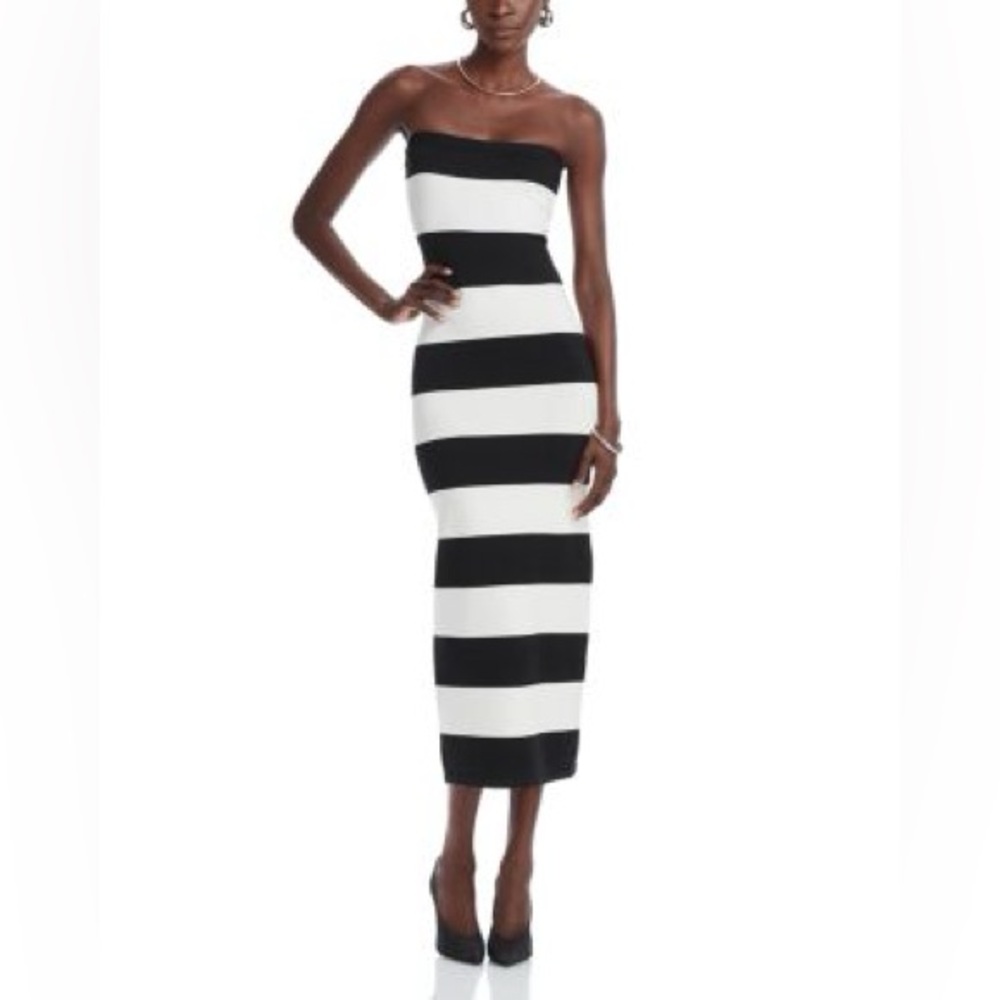AQUA Black and White Striped Strapless Column Dress XS